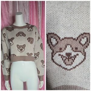 Debut Dog Lover Brown Oversized Cropped Knit Sweater Size Small